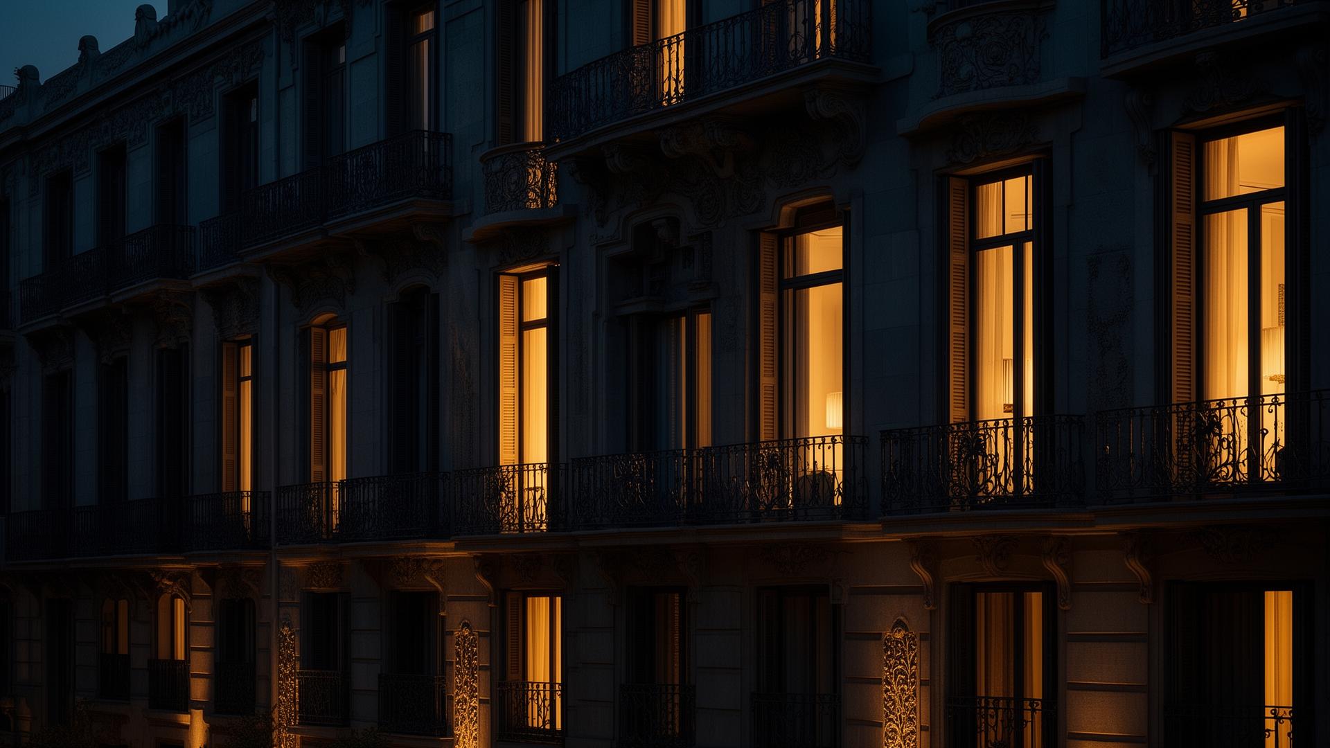 Edificio modernista de Barcelona al anochecer